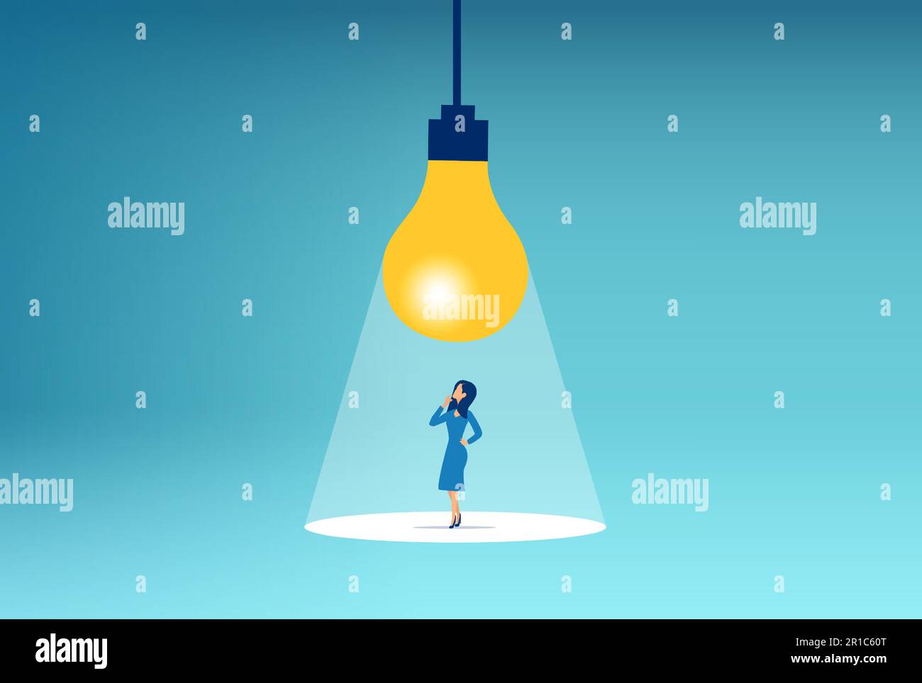 Innovation, creativity and imagination concept. Vector of a businesswoman thinking under bright light bulb. Stock Vector