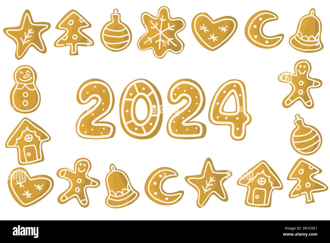 2024 New year and Christmas biscuits set. Vector hand drawn