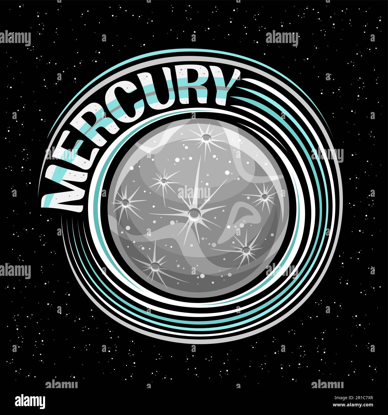 Vector logo for Mercury, decorative fantasy print with rotating planet mercury, stone surface with craters and mountains, cosmo sticker with unique le Stock Vector