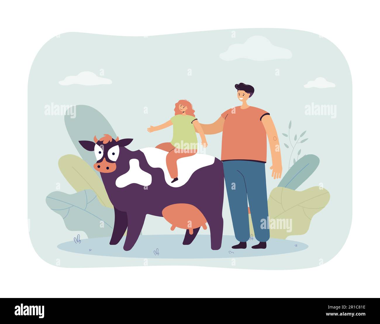 Cartoon man and little girl riding on cow Stock Vector