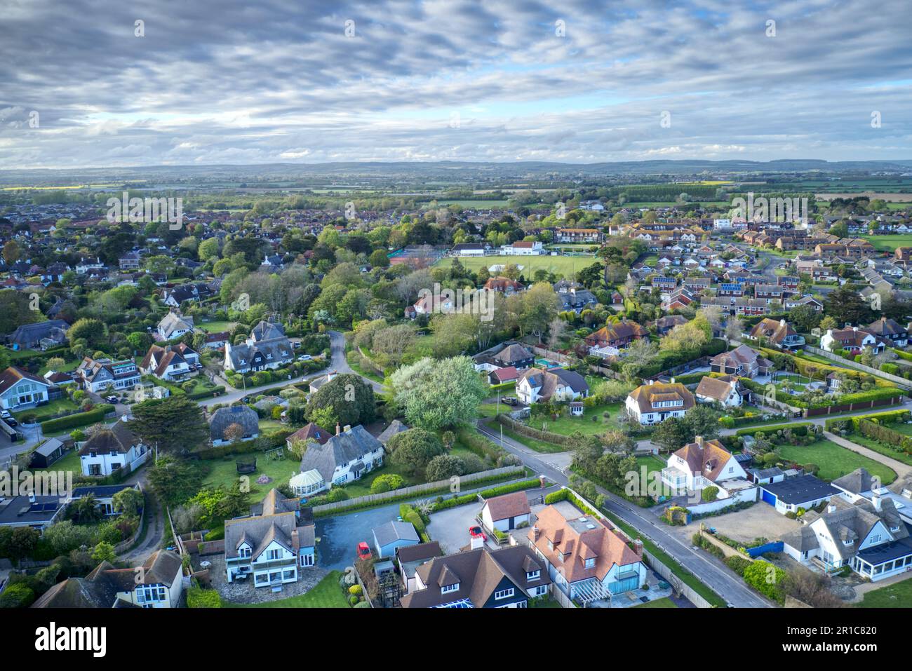 Aerial view over Middleton on Sea in West Sussex, looking towards Middleton Sports Club. Stock Photo