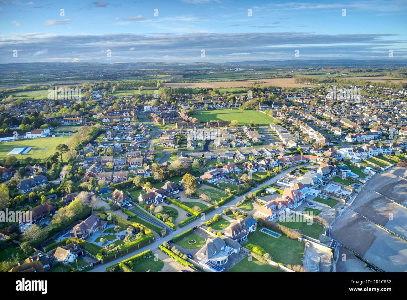 Aerial photo over Middleton on Sea in West Sussex, looking towards Middleton Sports Club and Shrubbs Field Stock Photo