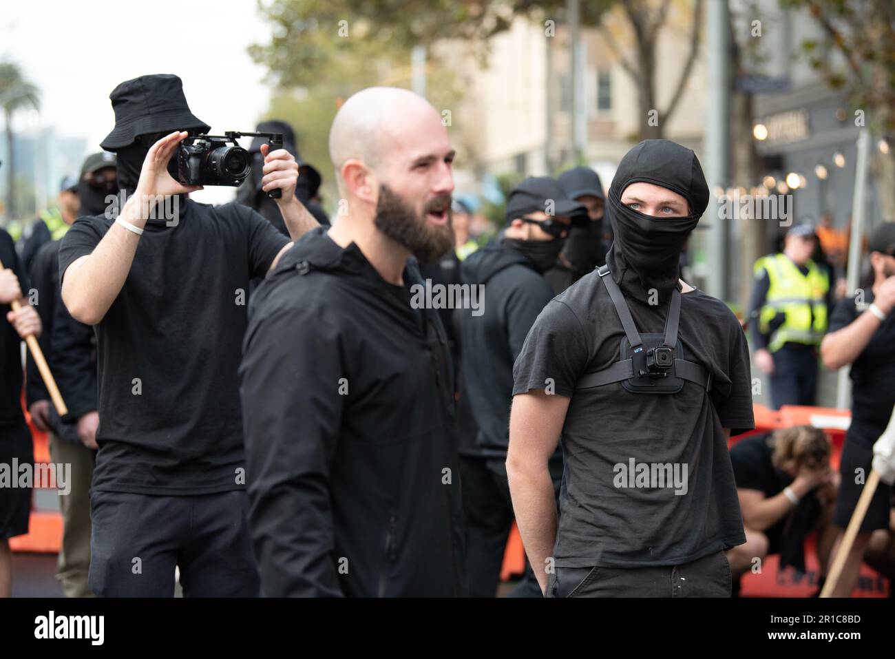 Melbourne, Australia, May 13th 2023. Local neo-nazi leader Thomas Sewell ridicules police while an NSN member listens. Credit: Jay Kogler/Alamy Live News Stock Photo