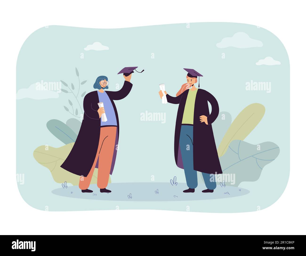 Two cartoon female graduates in gowns and hats Stock Vector