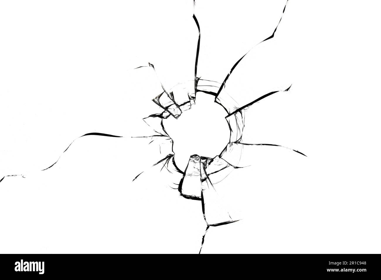 Cracked broken glass on a white background. Damaged window texture