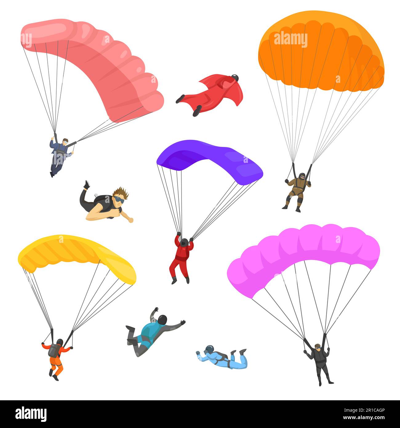 People skydiving with parachutes vector illustrations set Stock Vector