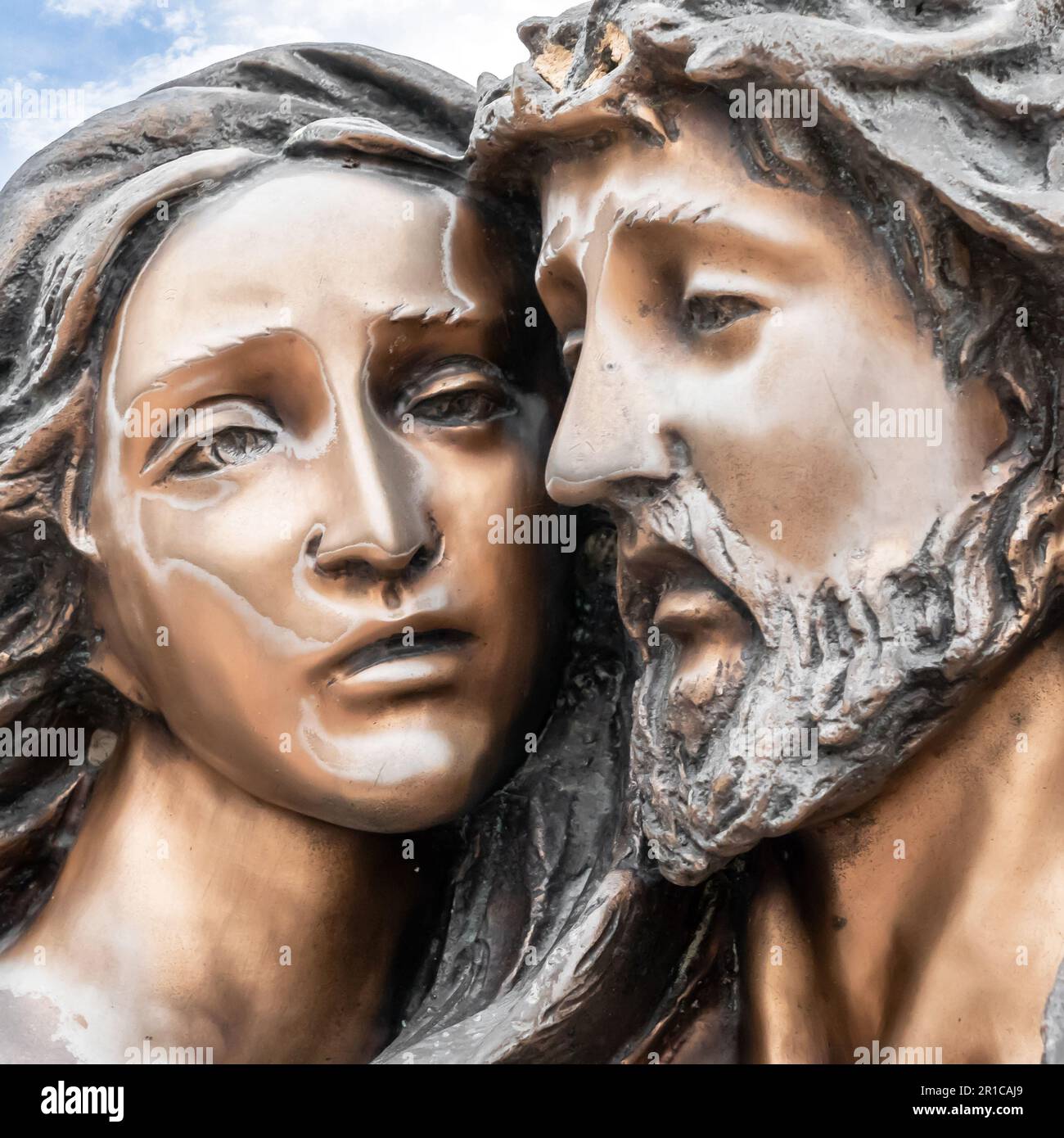 Jesus and Mary statue. Mother Mary holding her son Jesus. Easter Stock
