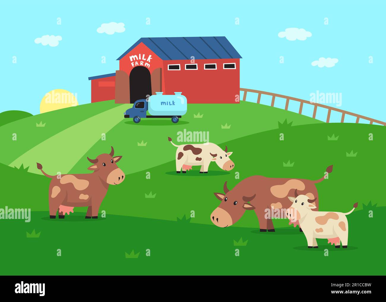 Milk farm with happy cow characters eating grass illustration Stock