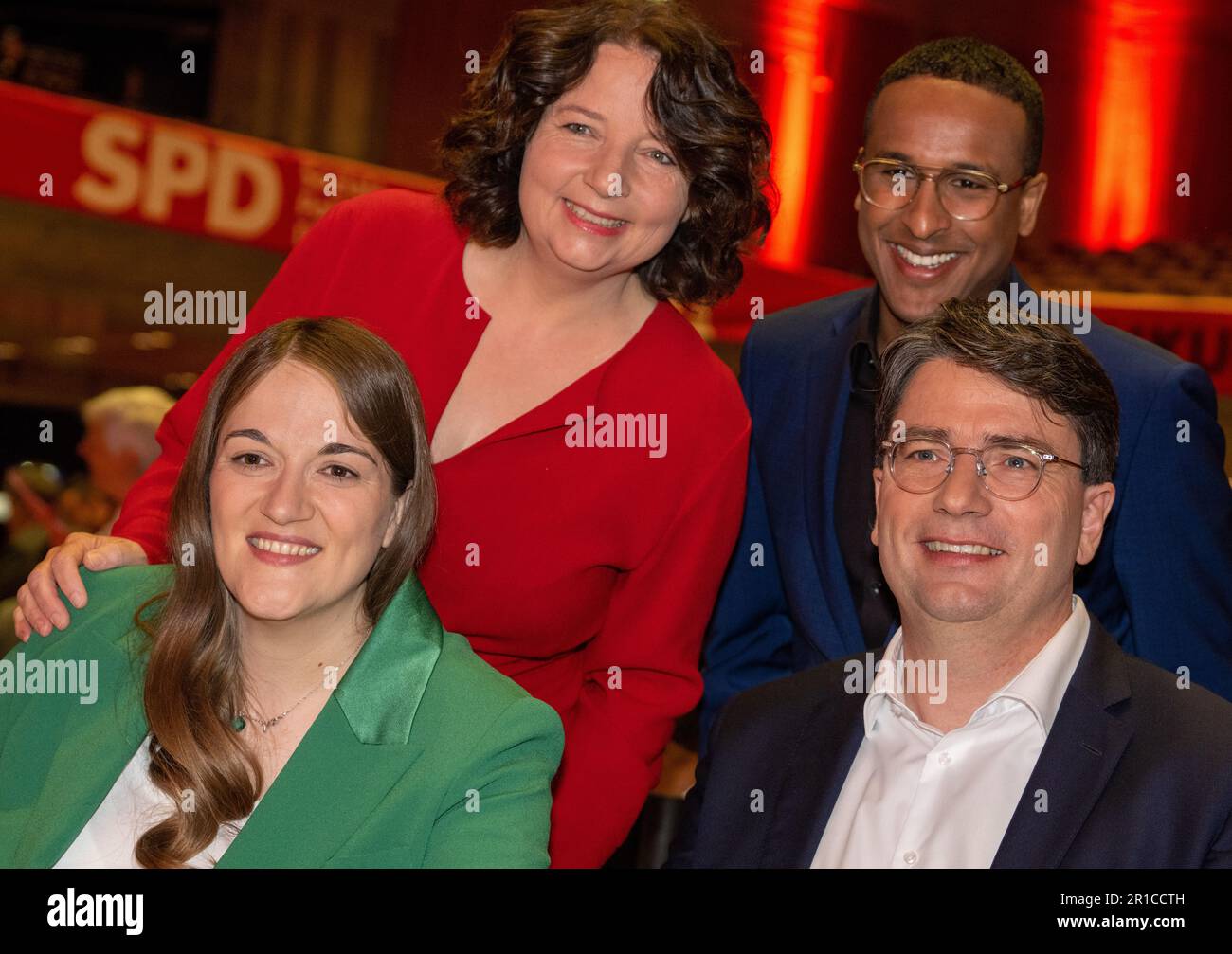 Augsburg, Germany. 13th May, 2023. Ronja Endres (l-r), state chairwoman of the Bavarian SPD, Ruth Müller, secretary general of the Bavarian SPD, Nasser Ahmed, deputy secretary general of the Bavarian SPD, and Florian von Brunn, chairman of the Bavarian SPD, stand together at the party conference of the Bavarian SPD at the Kongress am Park. The agenda of the two-day party conference includes the election of the state executive committee and the discussion of the state parliament election program. Credit: Stefan Puchner/dpa/Alamy Live News Stock Photo