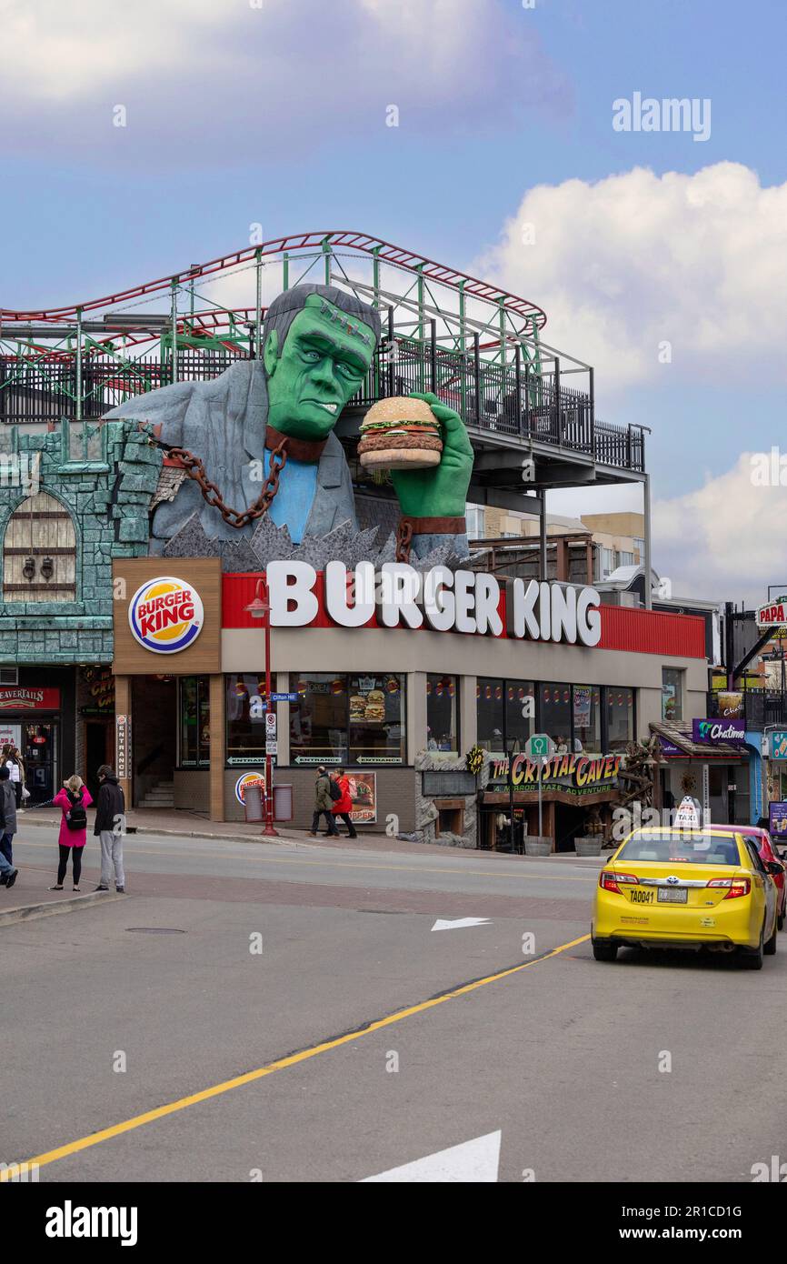 Burger King Restaurant On Clifton Hill Niagara Falls Ontario Canada With Frankenstein Holding A Burger Stock Photo