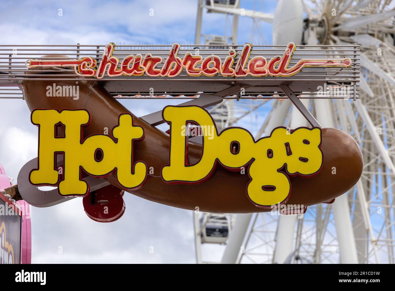 Hot Dog Sign In Niagara Falls, Ontario Canada, , Clifton Hill District  Advertising Sign For Fast Food Take Out Stock Photo