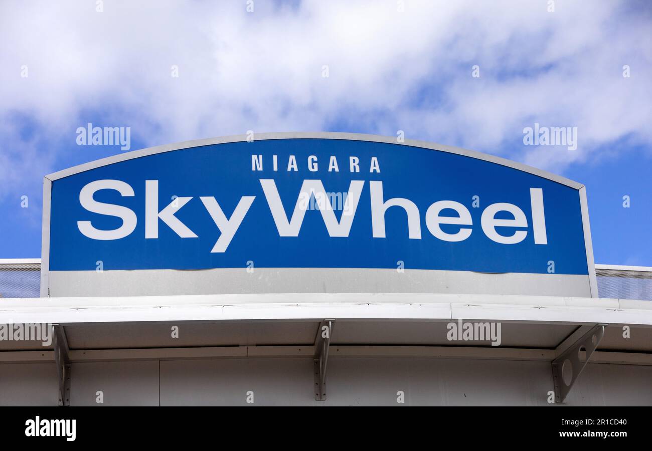 Niagara Sky Wheel Sign One Of The Largest Observation Wheel, Ferris Wheel Tourist Attraction Clifton Hill, Niagara Falls, Ontario, Canada Stock Photo