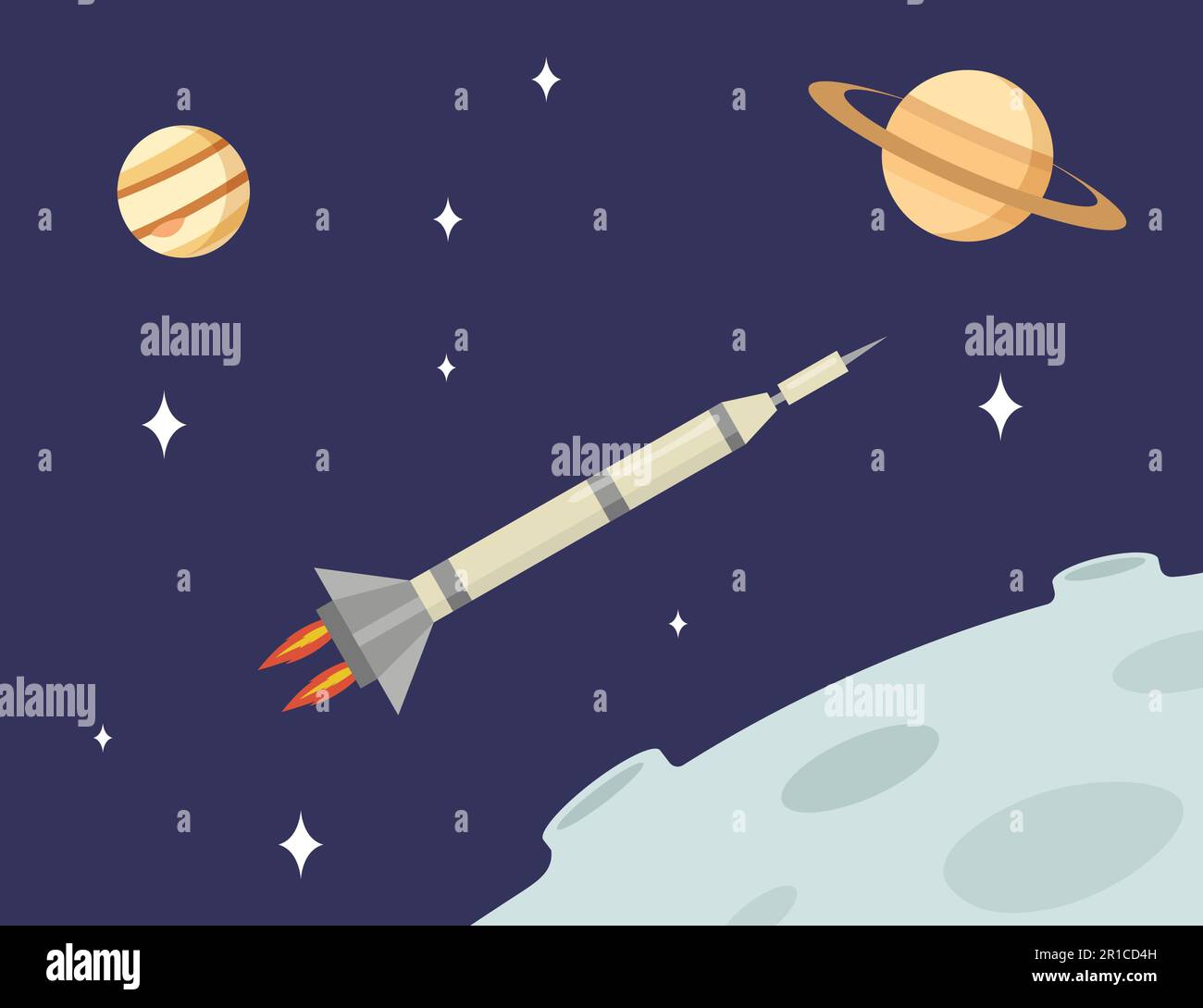 Rocket flying in open space among Moon, Saturn planets and stars Stock Vector