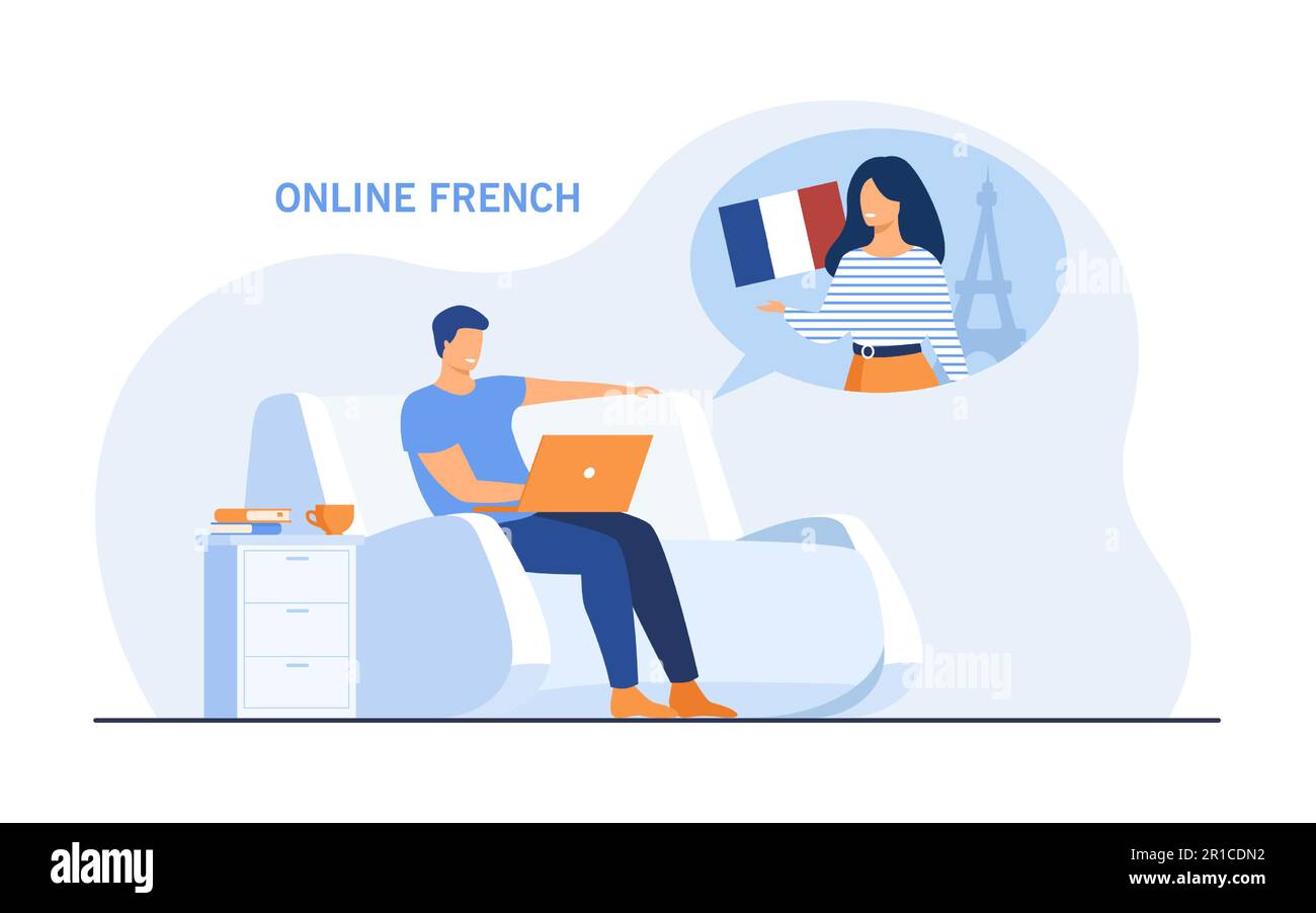 Cartoon man learning French online Stock Vector