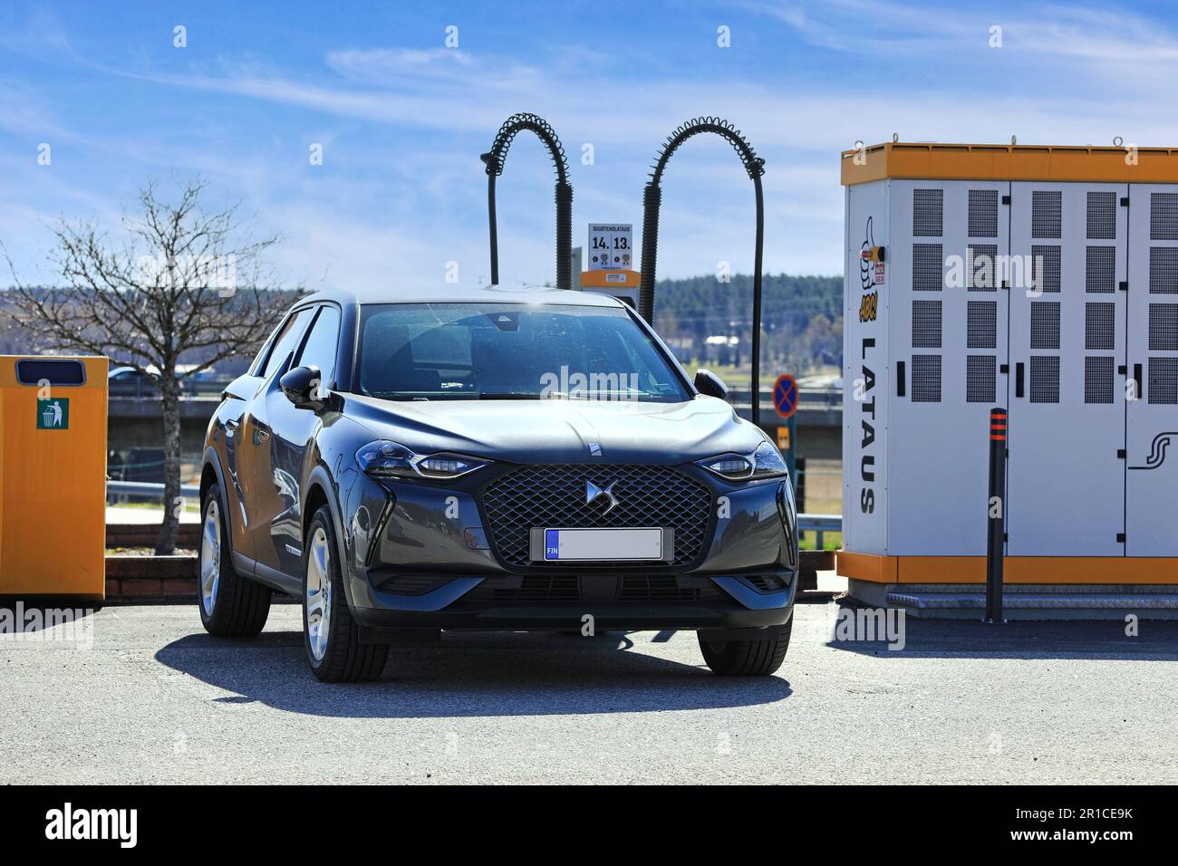 DS3 E-Tense electric SUV car plugged in HPC charger to recharge battery. Salo, Finland. May 1, 2023. Stock Photo