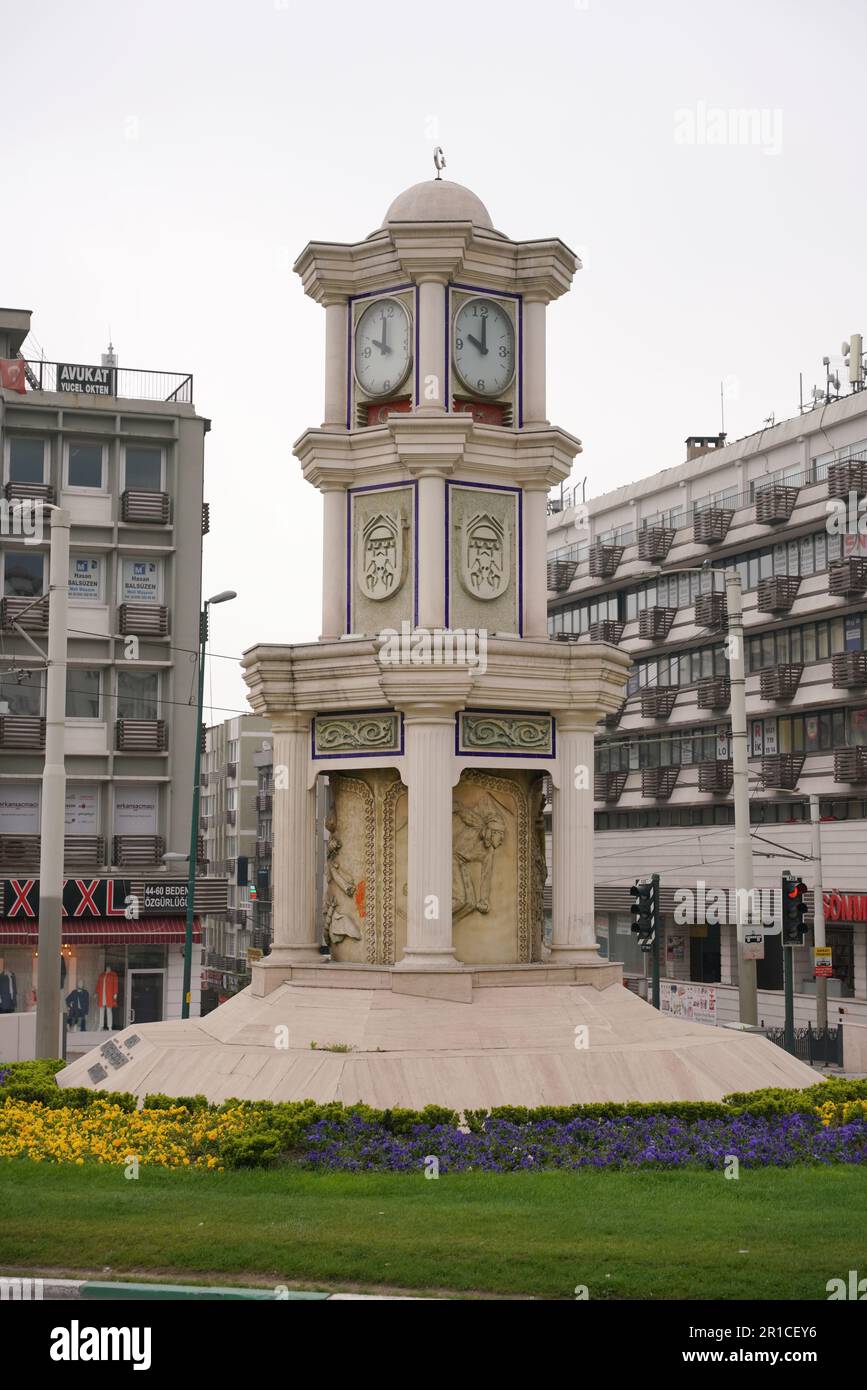 BURSA, TURKIYE - APRIL 09, 2023: Heykel Clock Tower in Bursa City. Stock Photo