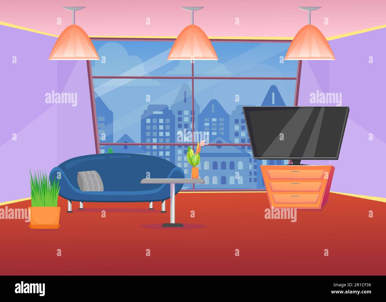 Colorful living room with sofa and city view window Stock Vector Image