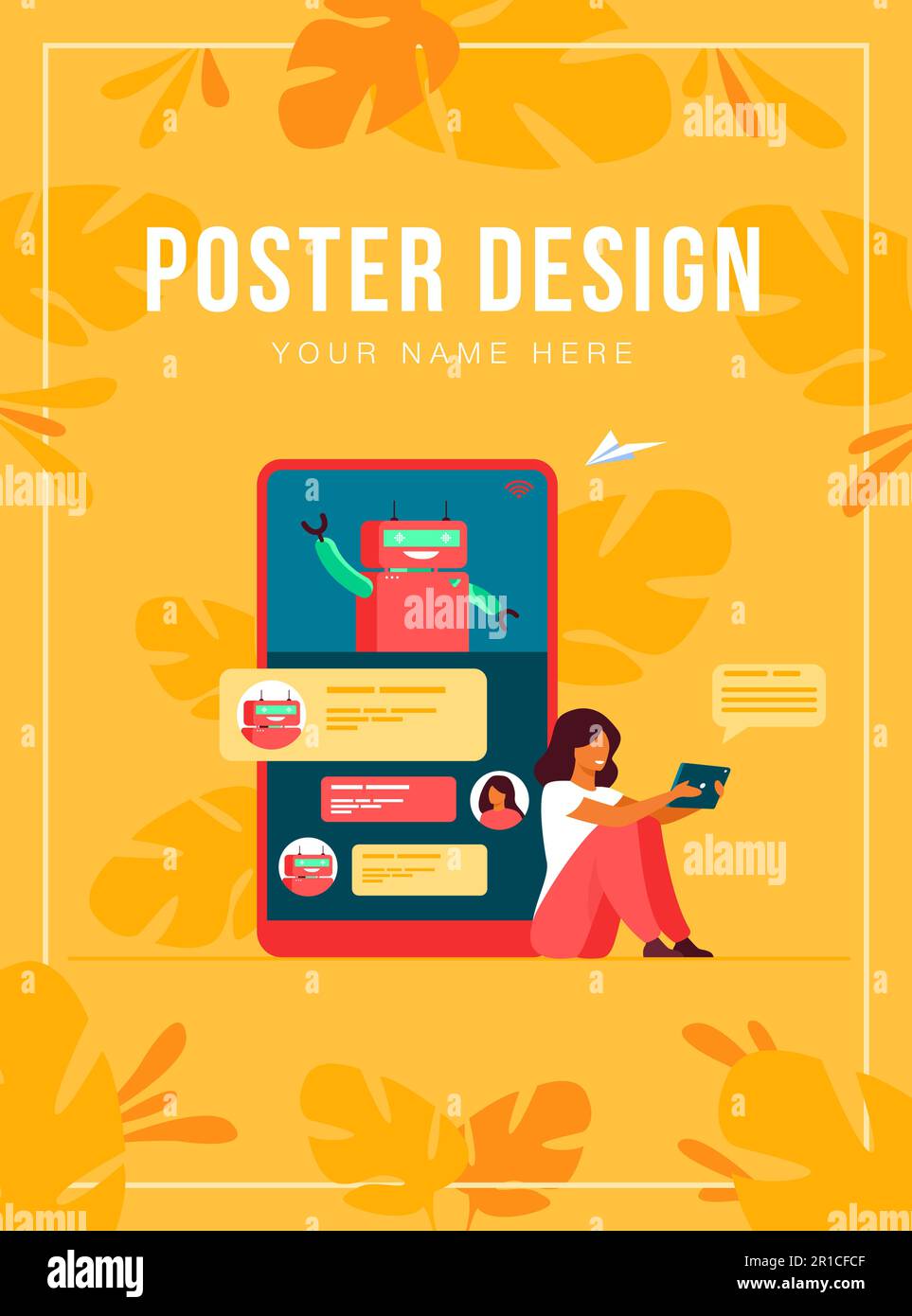 Tiny woman using mobile assistant with chatbot Stock Vector