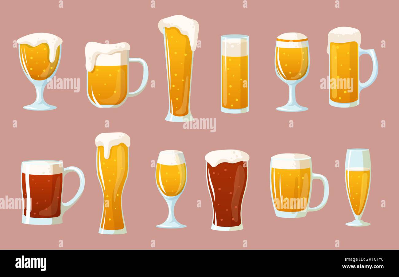 Cartoon set of glasses with light and dark beer Stock Vector Image