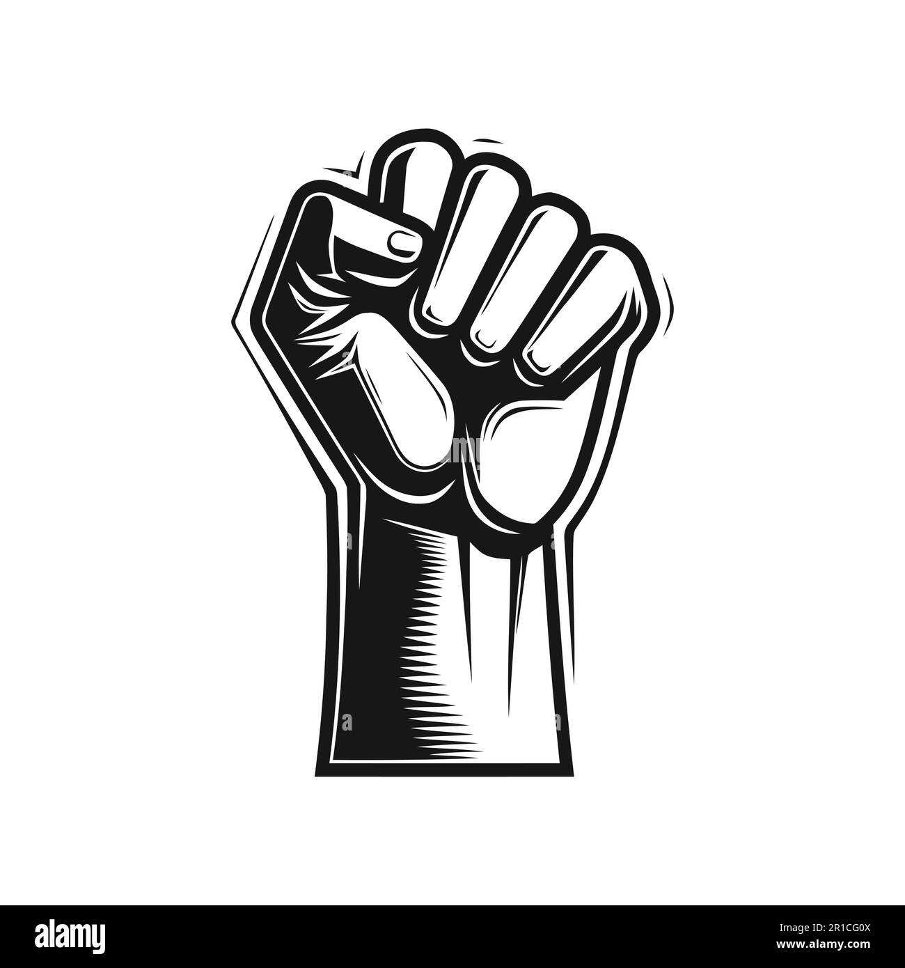 Raised hand with a clenched fist on a white background. Vector