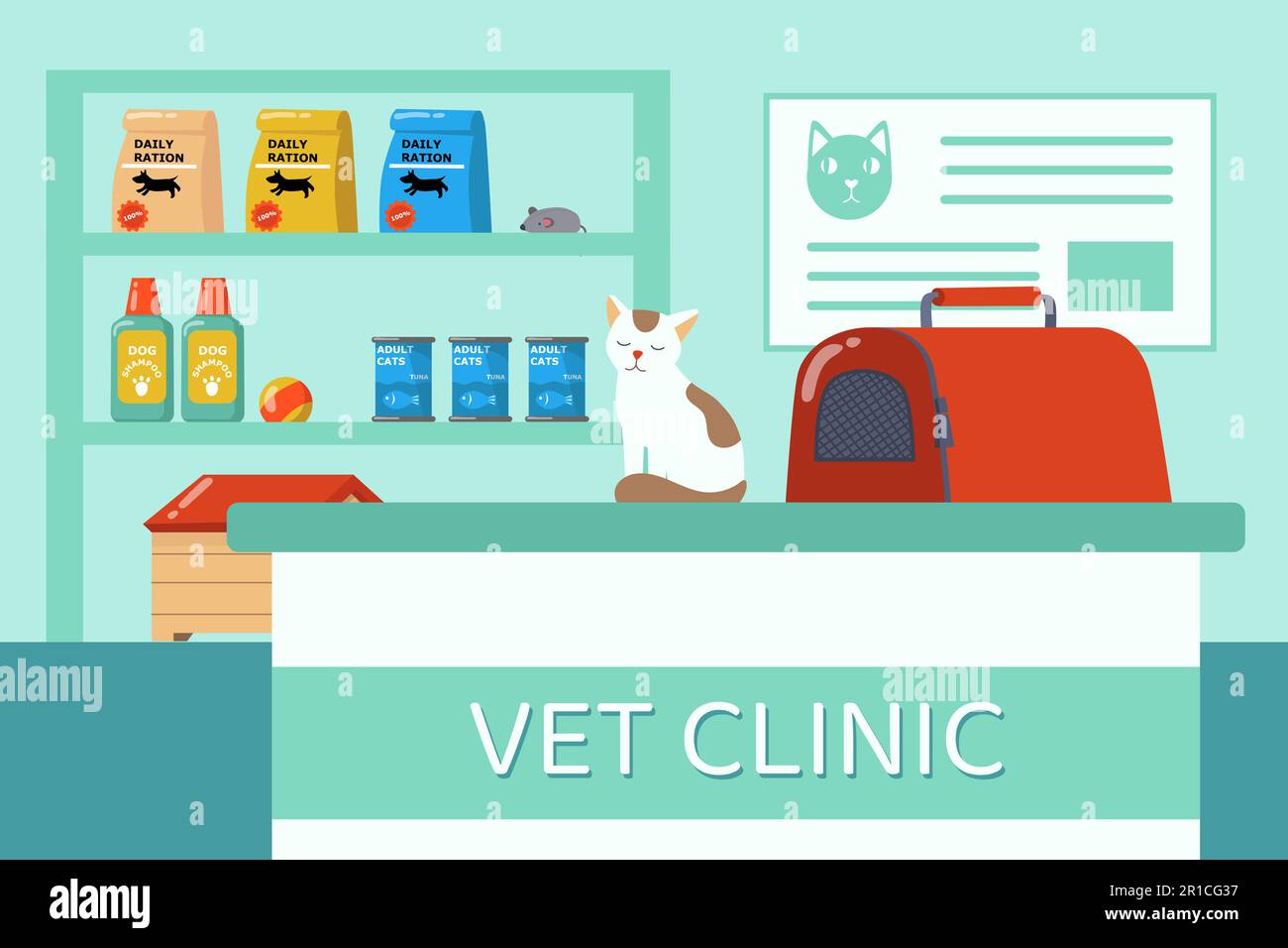 Cat sitting on counter in vet clinic vector illustration Stock Vector