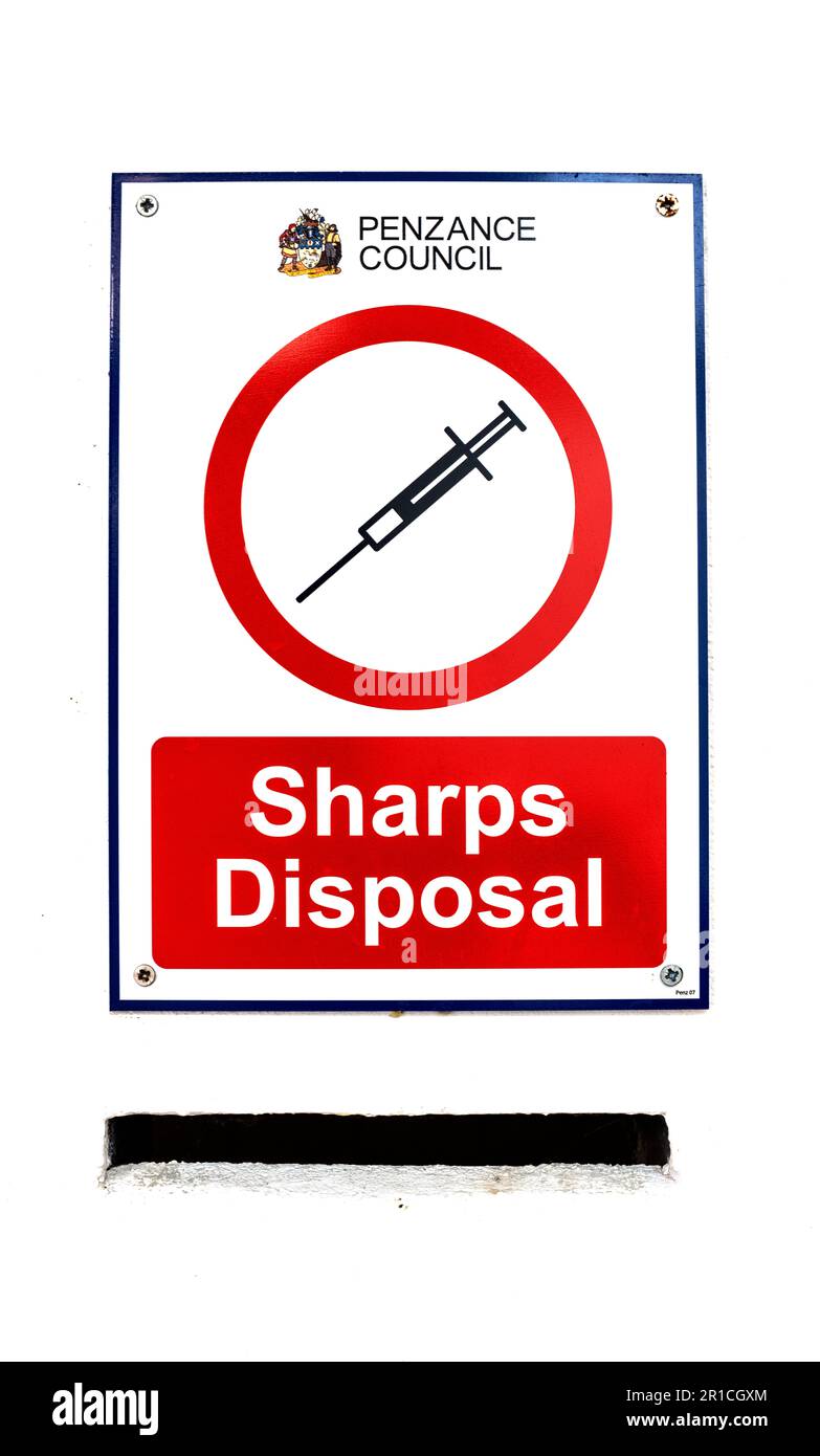 Sharps Disposal bin for drug users in public toilets. Stock Photo