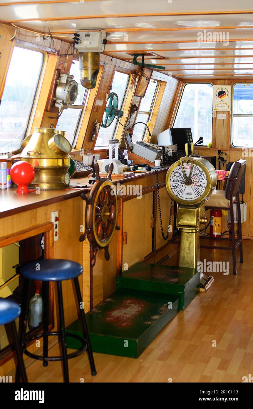 Greece, command bridge with steering wheel and equipment on a Greek