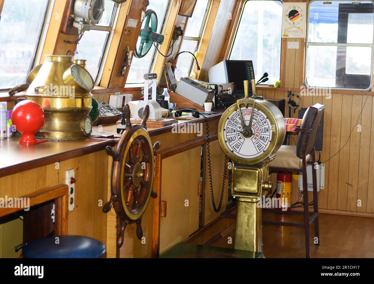 Greece, command bridge with steering wheel and equipment of a Greek