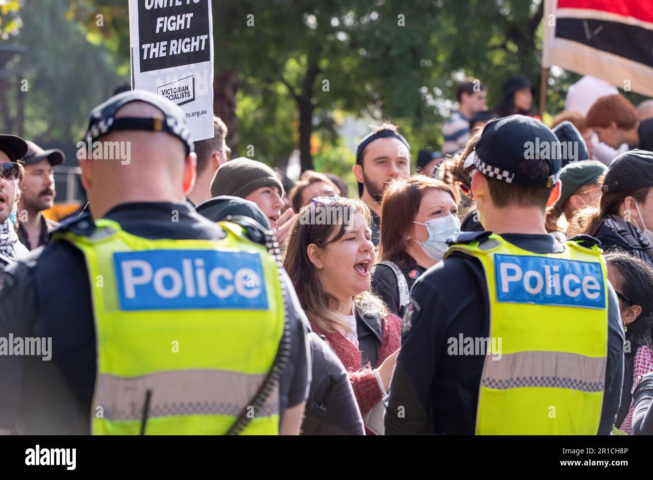 Police Injustice Riot Neo-Nazi protester chant behind a police line during the demonstration ...