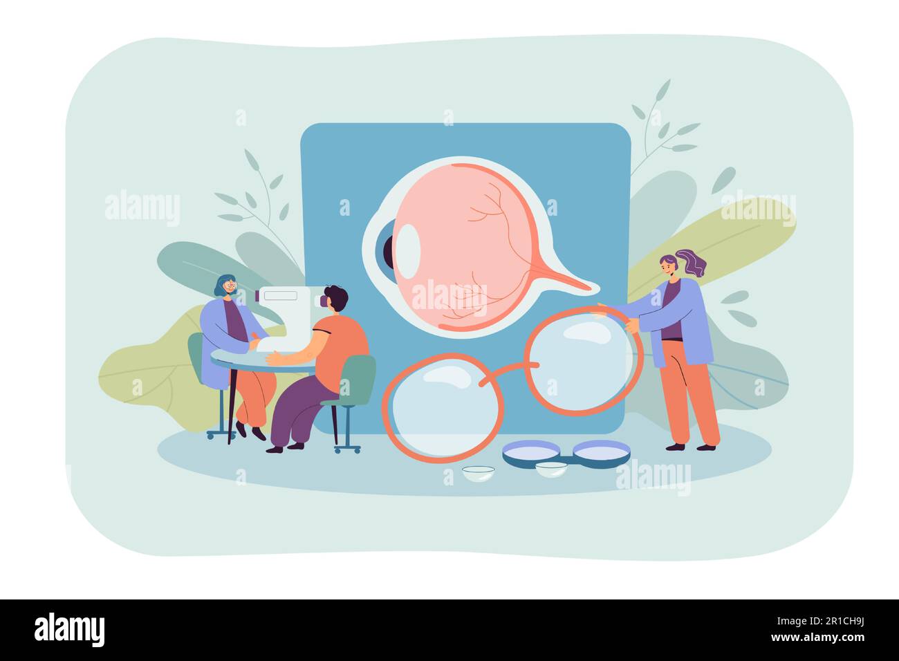 Tiny ophthalmologists checking patient vision Stock Vector
