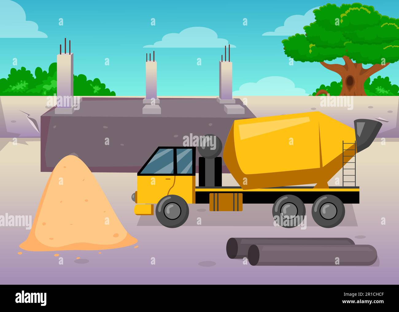 Cartoon concrete or cement mixing machine on construction site Stock
