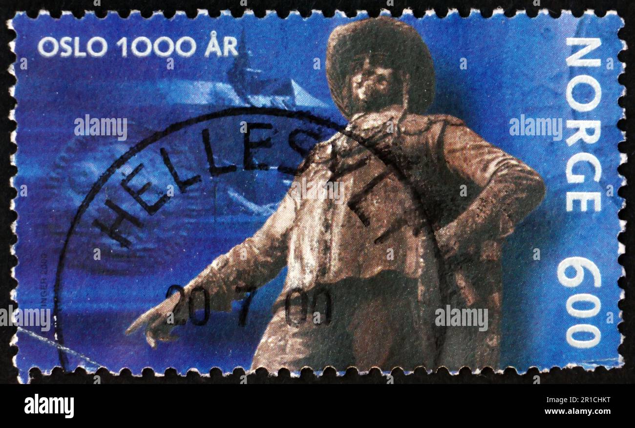 NORWAY - CIRCA 2000: a stamp printed in Norway shows Statue of King Christian IV at Stortorvet in Oslo, by Carl Ludvig Jacobsen, circa 2000 Stock Photo