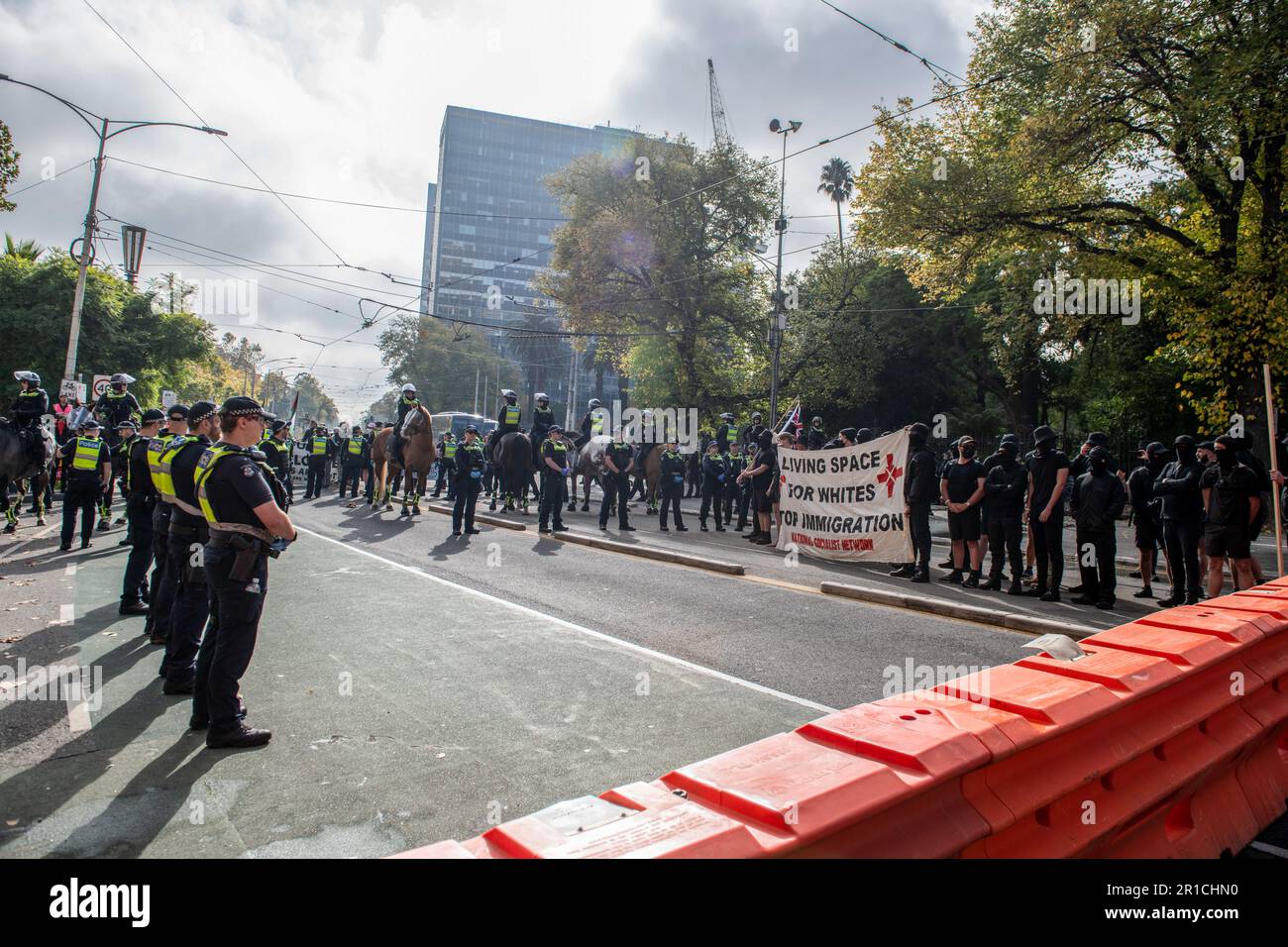 Police Injustice Riot Police force team surround Nazi protesters during the demonstration. A ...