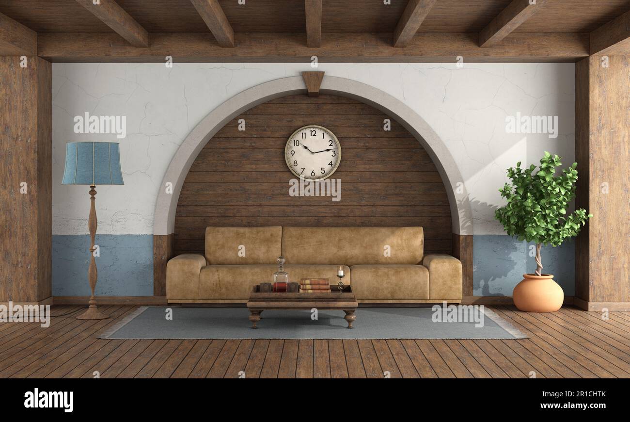 Classic style living room with leather sofa ,arch wall and wood
