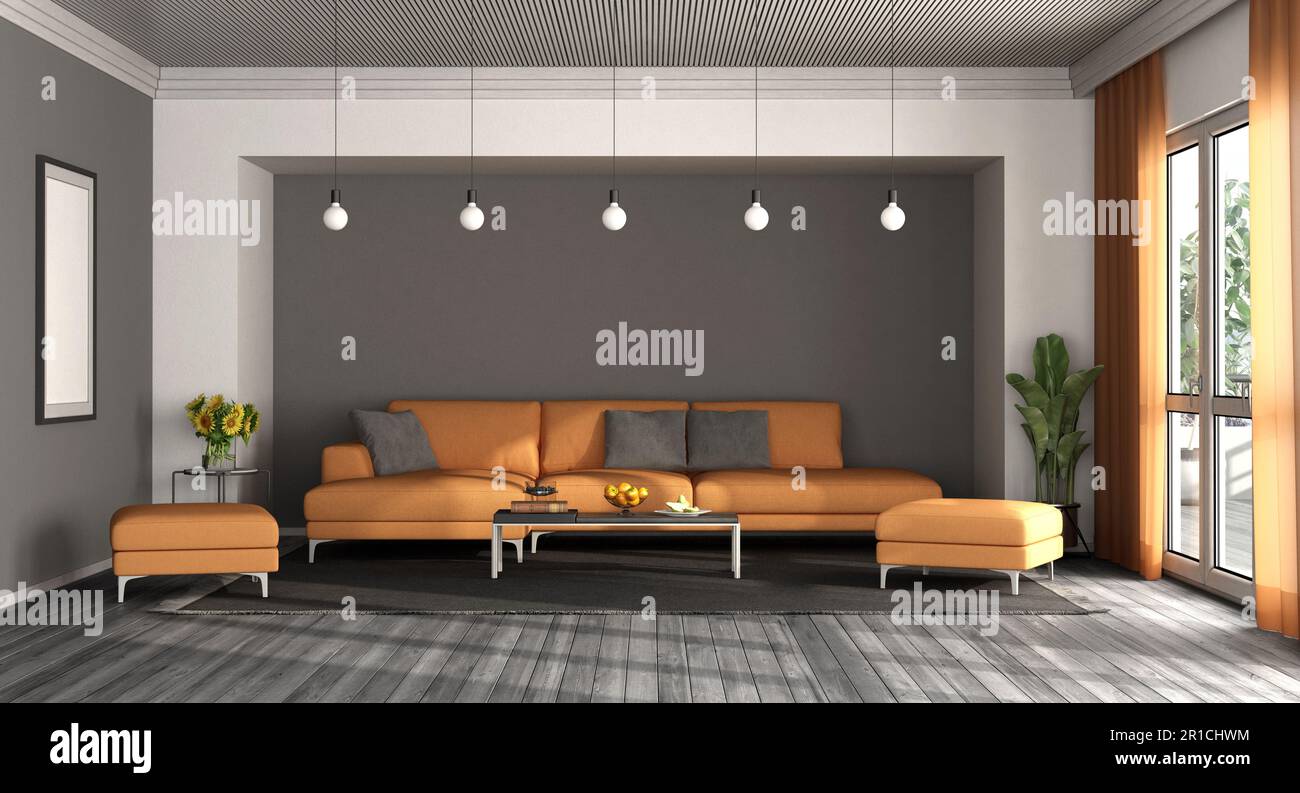Modern living room with orange sofa gray walls and wooden ceiling- 3d ...