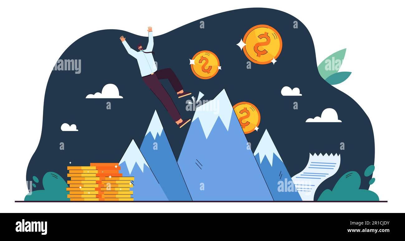 Cartoon tiny businessman falling down from top of success Stock Vector