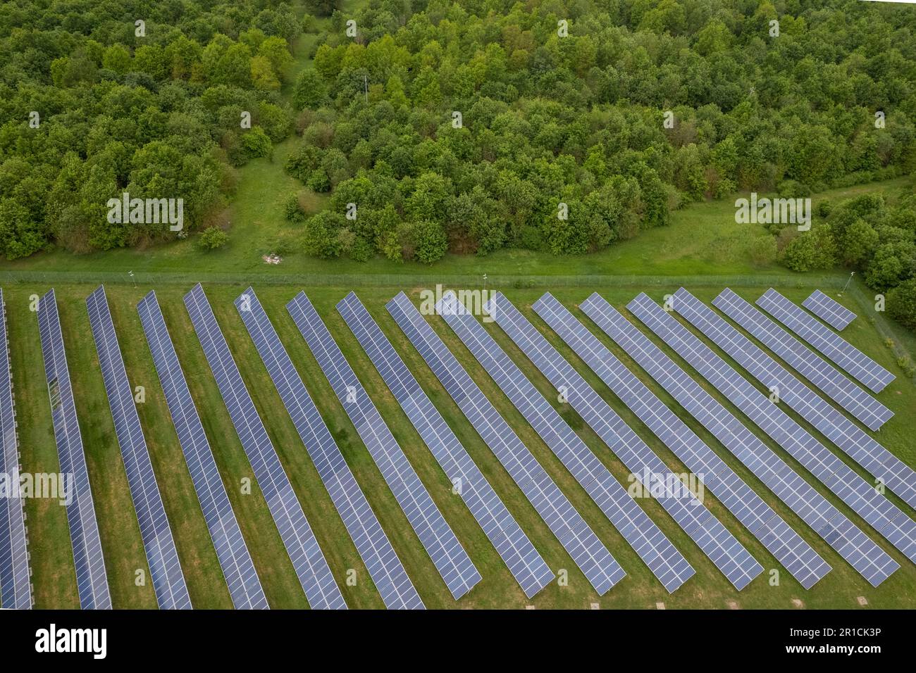 Renewable energy. Aerial shot drones fly over a photovoltaic power ...