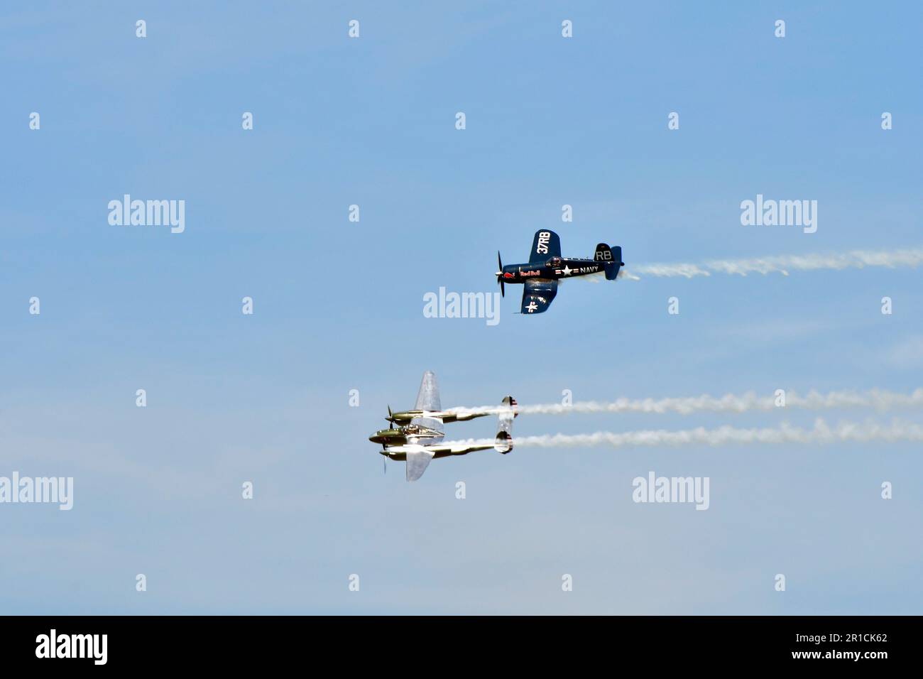 Zeltweg, Austria - September 03, 2022: Public airshow in Styria named Airpower 22, flight demonstration with two WWII fighter aircrafts, Chance Vought Stock Photo