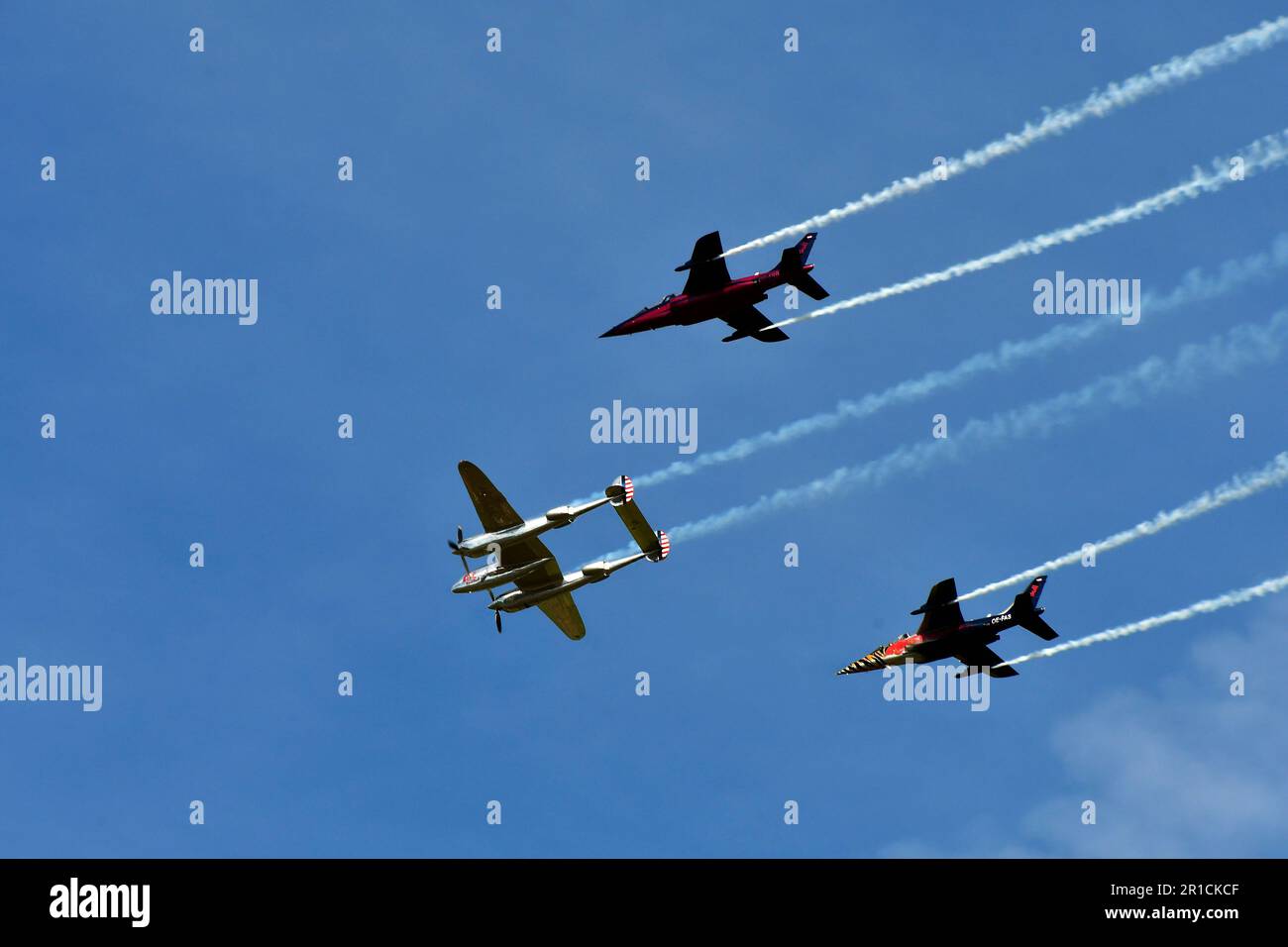 Zeltweg, Austria - September 03, 2022: Public airshow in Styria named Airpower 22, demonstration with vintage fighter aircraft Lockheed P-38 Lightning Stock Photo