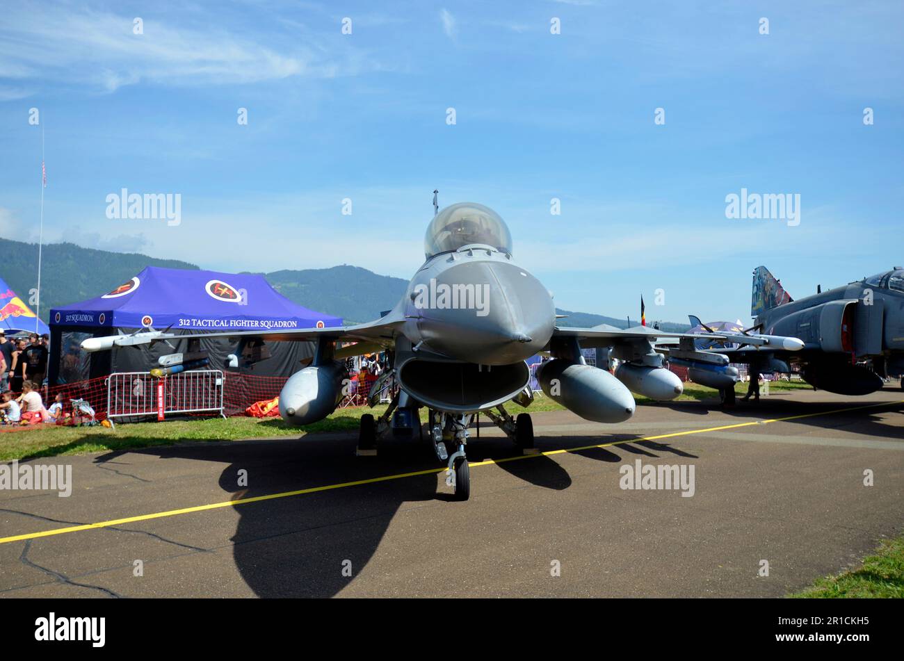 Zeltweg, Austria - September 03, 2022: Public airshow in Styria named Airpower 22, static display with McDonnell Douglas F-4E Phantom II and F16 Fight Stock Photo