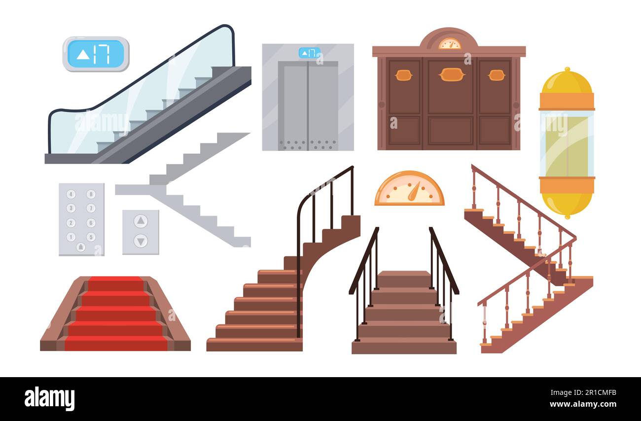 Set of cartoon metal and wooden staircases, lifts, escalators Stock Vector