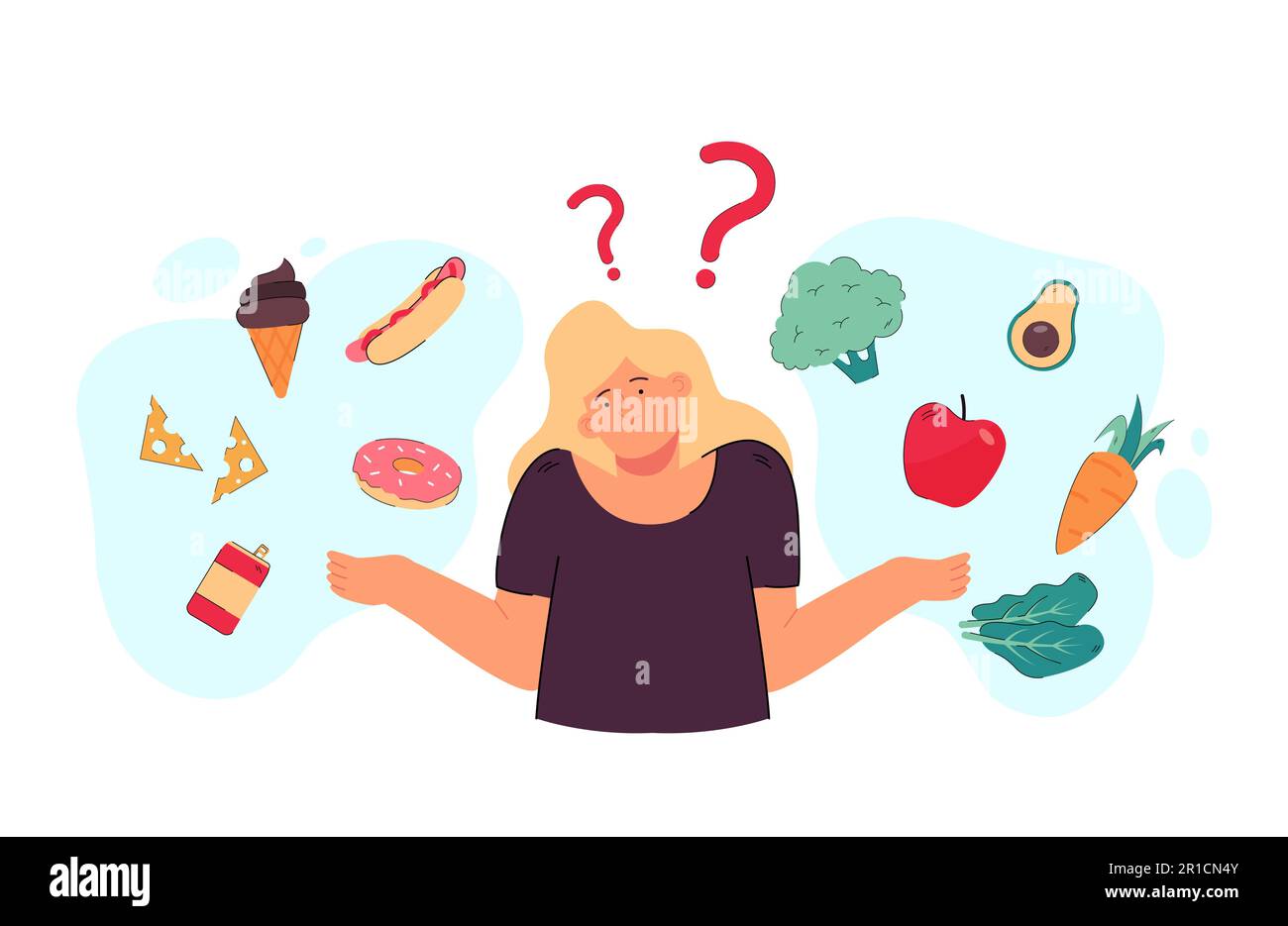 Thoughtful woman choosing between healthy and junk food Stock Vector