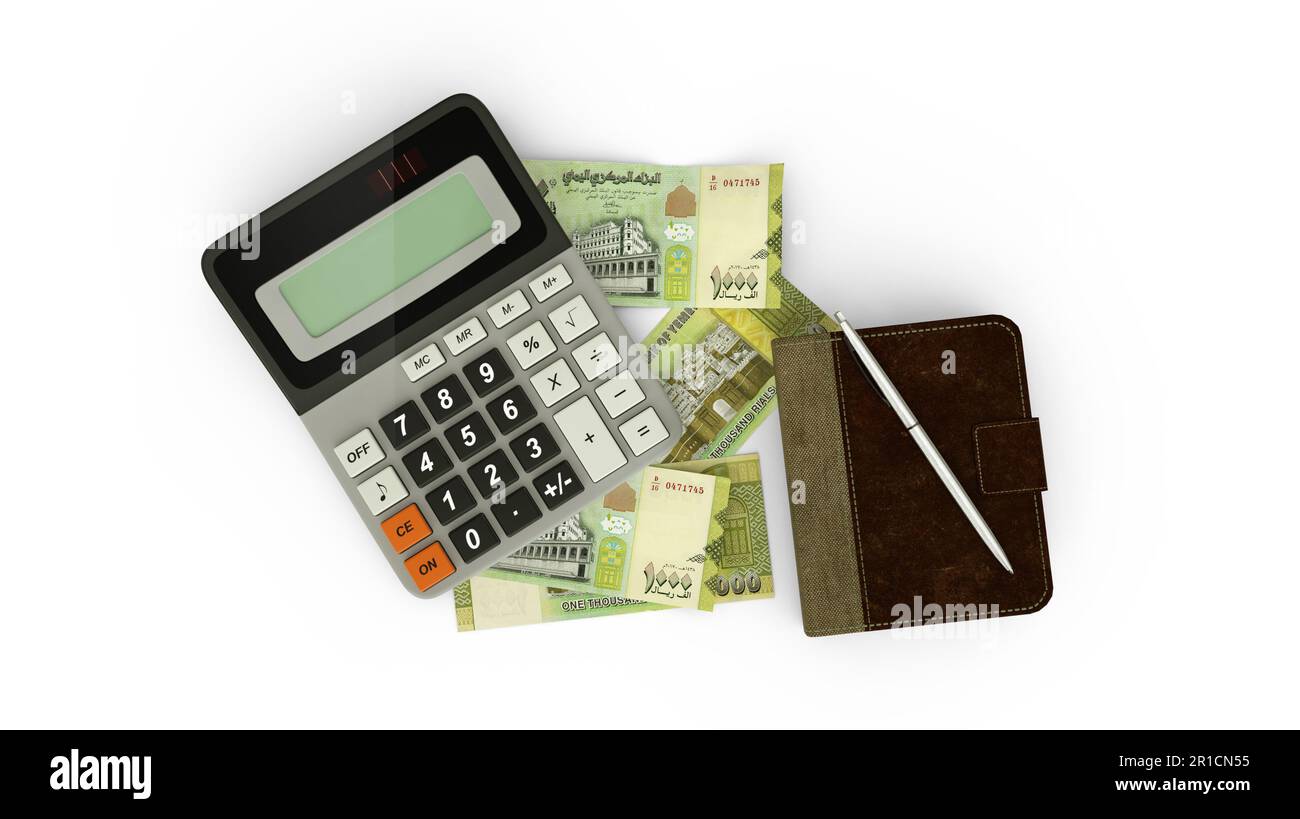 3D rendering of an isolated composition of Yemeni Rial notes, a calculator, a note book and a pen Stock Photo