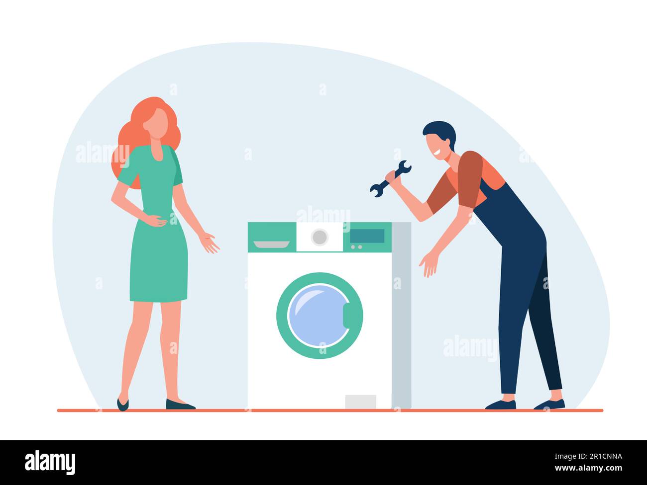Cartoon mechanic helping woman to fix broken washing machine Stock