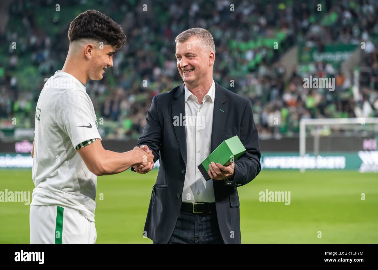 Budapest, Hungary – May 6, 2023. Ferencvaros president Gabor Kubatov and midfielder Krisztian Lisztes before Hungarian OTP Bank League match Ferencvar Stock Photo