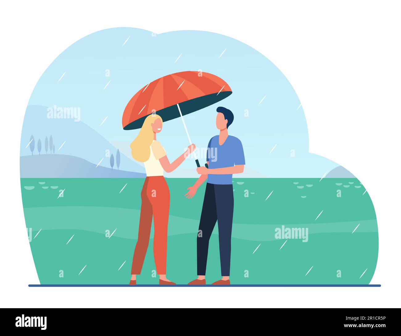 Cartoon couple standing under rain with umbrella Stock Vector Image & Art Alamy