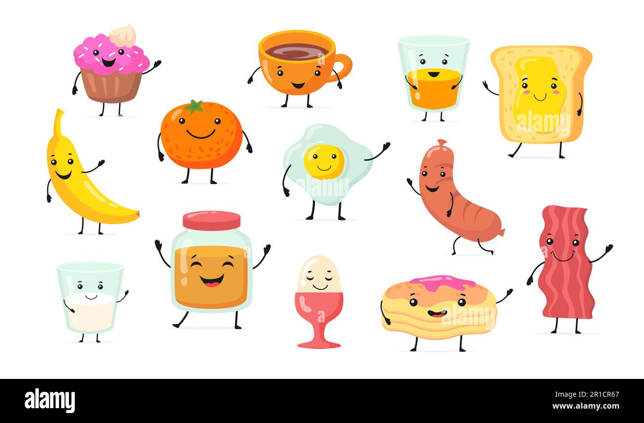 Set of cute funny breakfast food cartoon characters Stock Vector Image