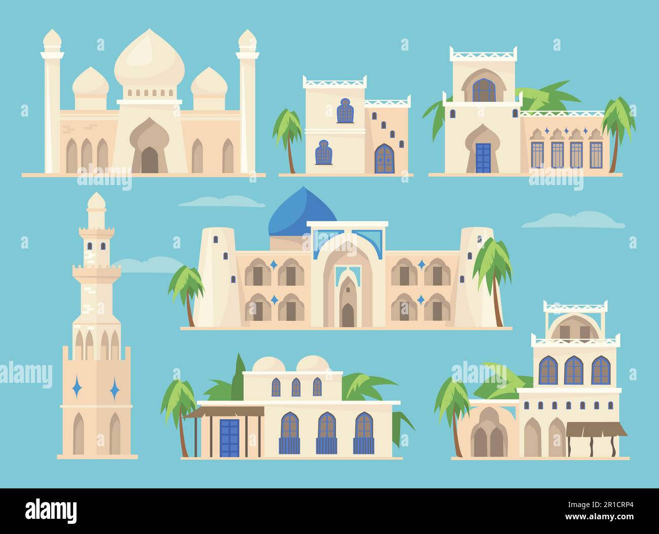 Cartoon set of different Arabic buildings in traditional style Stock Vector