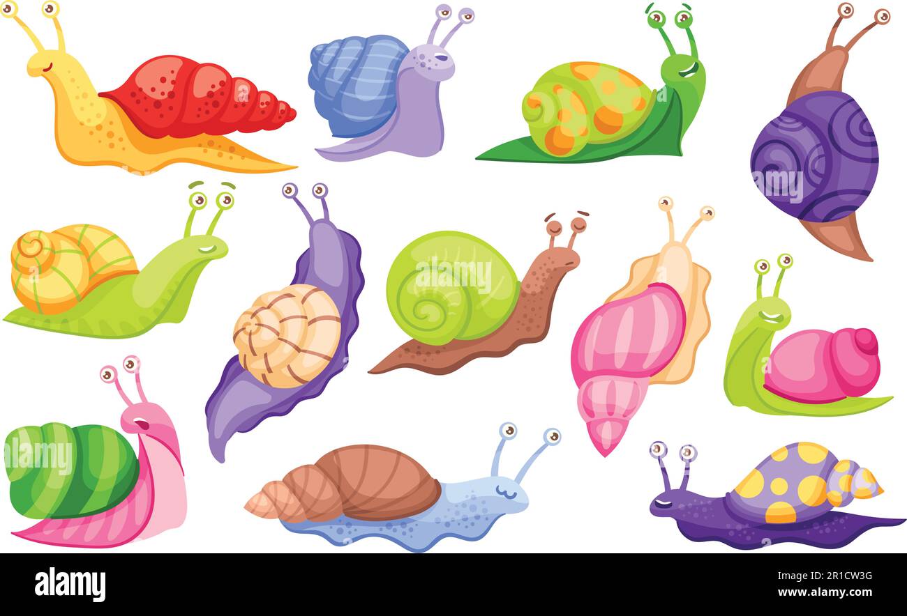 Cartoon snail. Funny smiling garden snails with color shells, happy