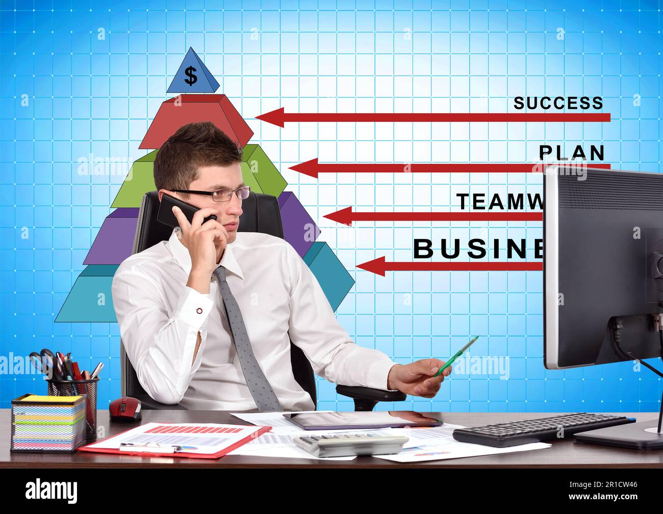businessman talking on phone and success pyramid on screen Stock Photo ...